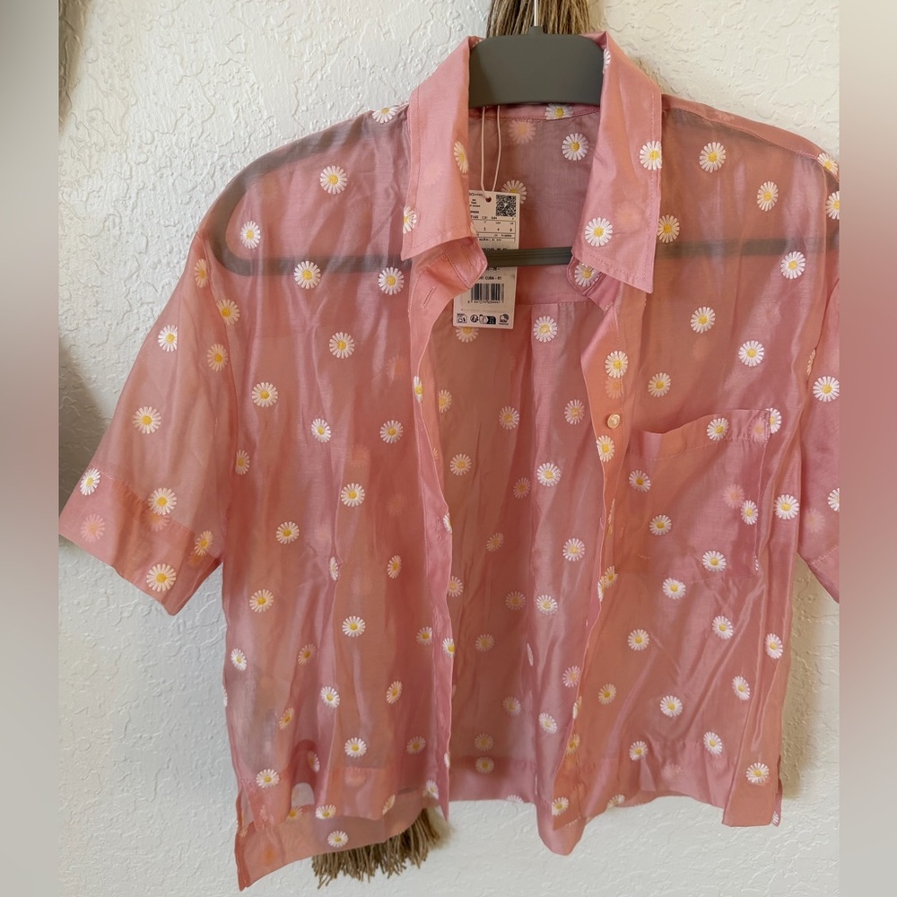 Pink Sheer Daisy Button-Up Shirt by Mango